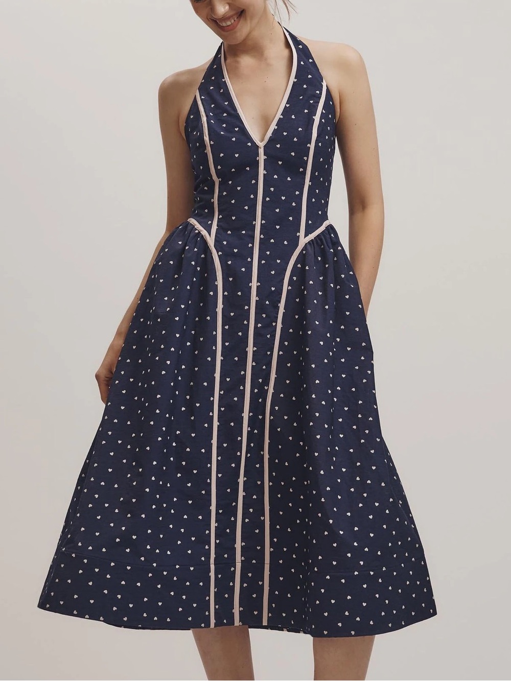 Anthropologie Maeve Women’s Halter Neck V Waist Heart Print Navy Blue Midi Dress